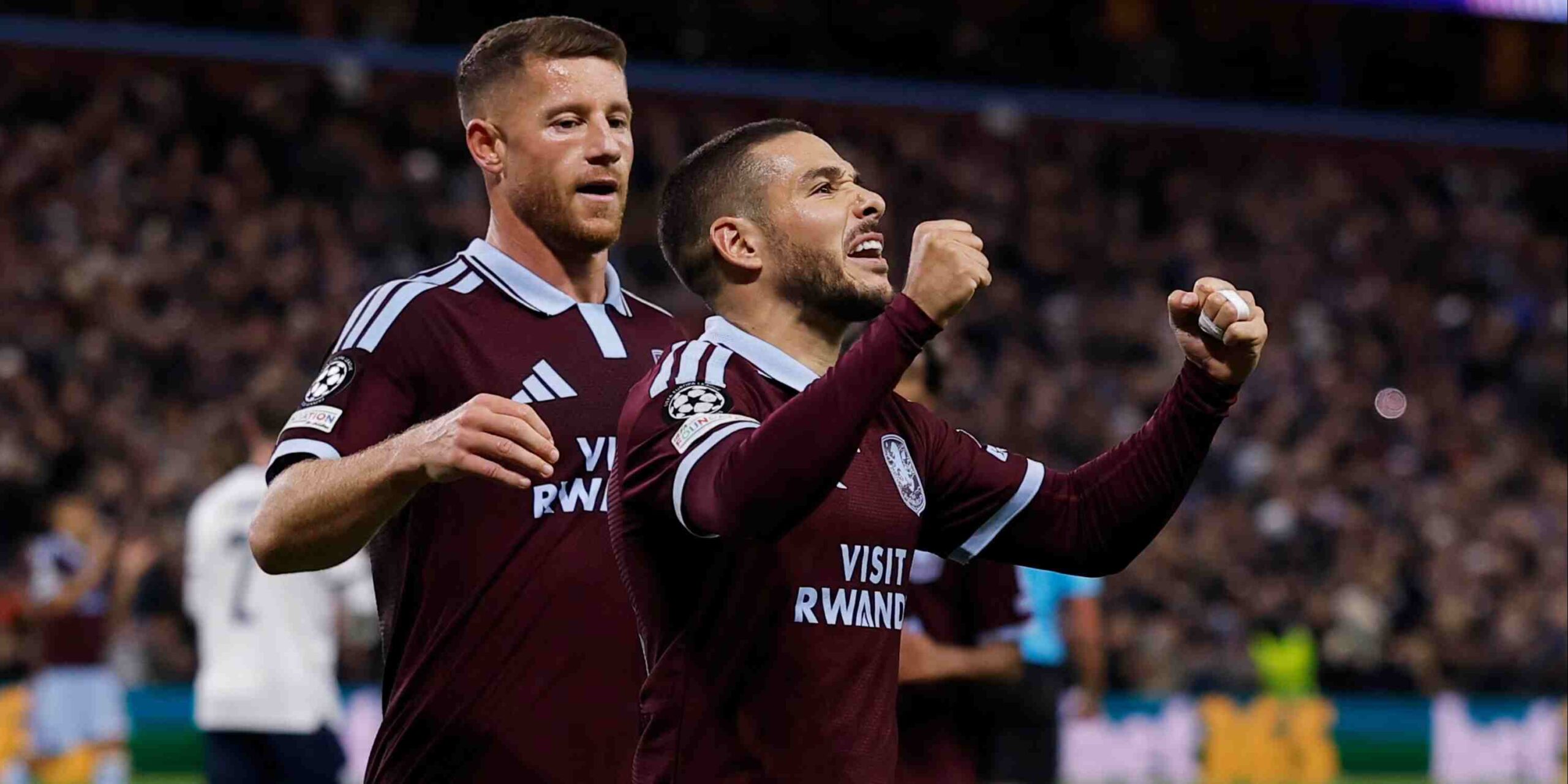 Emiliano Buendia celebrates after scoring for Aston Villa