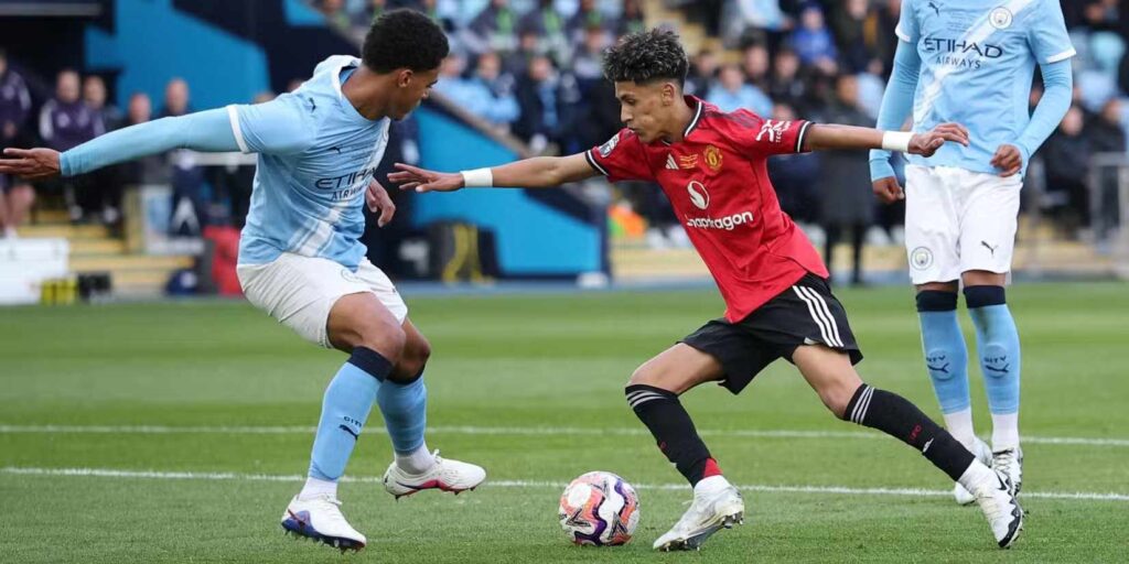 JJ Gabriel against Manchester City defender during the FA Youth Cup Final