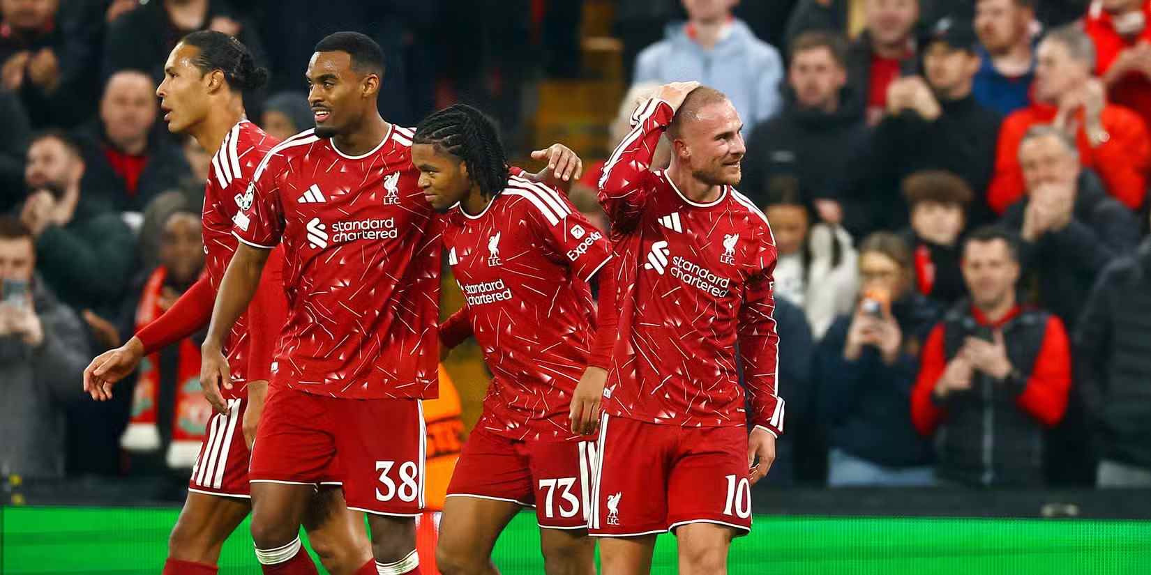 Liverpool players celebrate after scoring against Villarreal