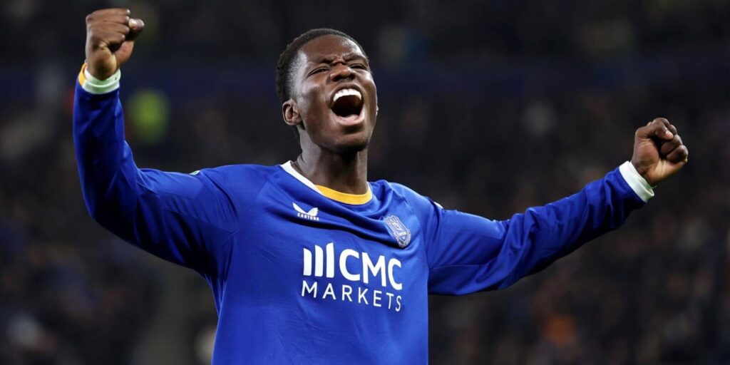 Everton striker Thierno Barry celebrates after scoring against Newcastle