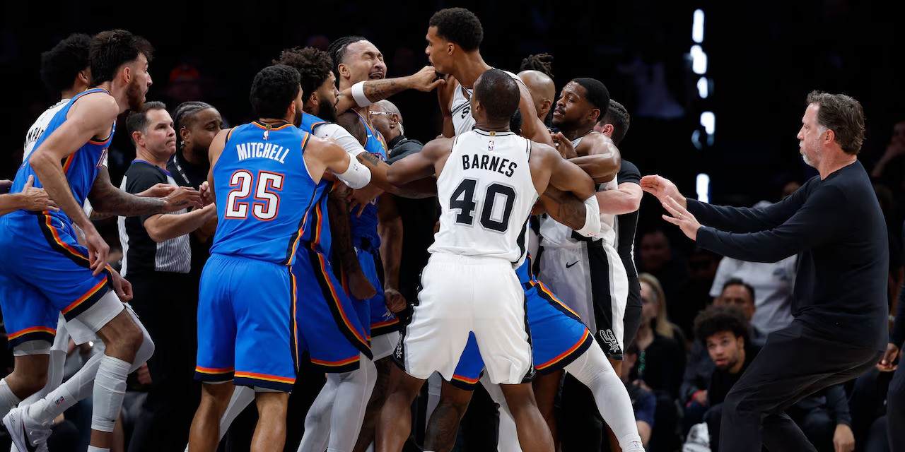 Oklahoma City Thunder and San Antonio Spurs players in a scuffle