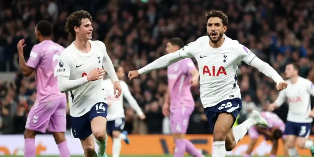Omar Marmoush celebrates after scoring for Tottenham against Coventry City